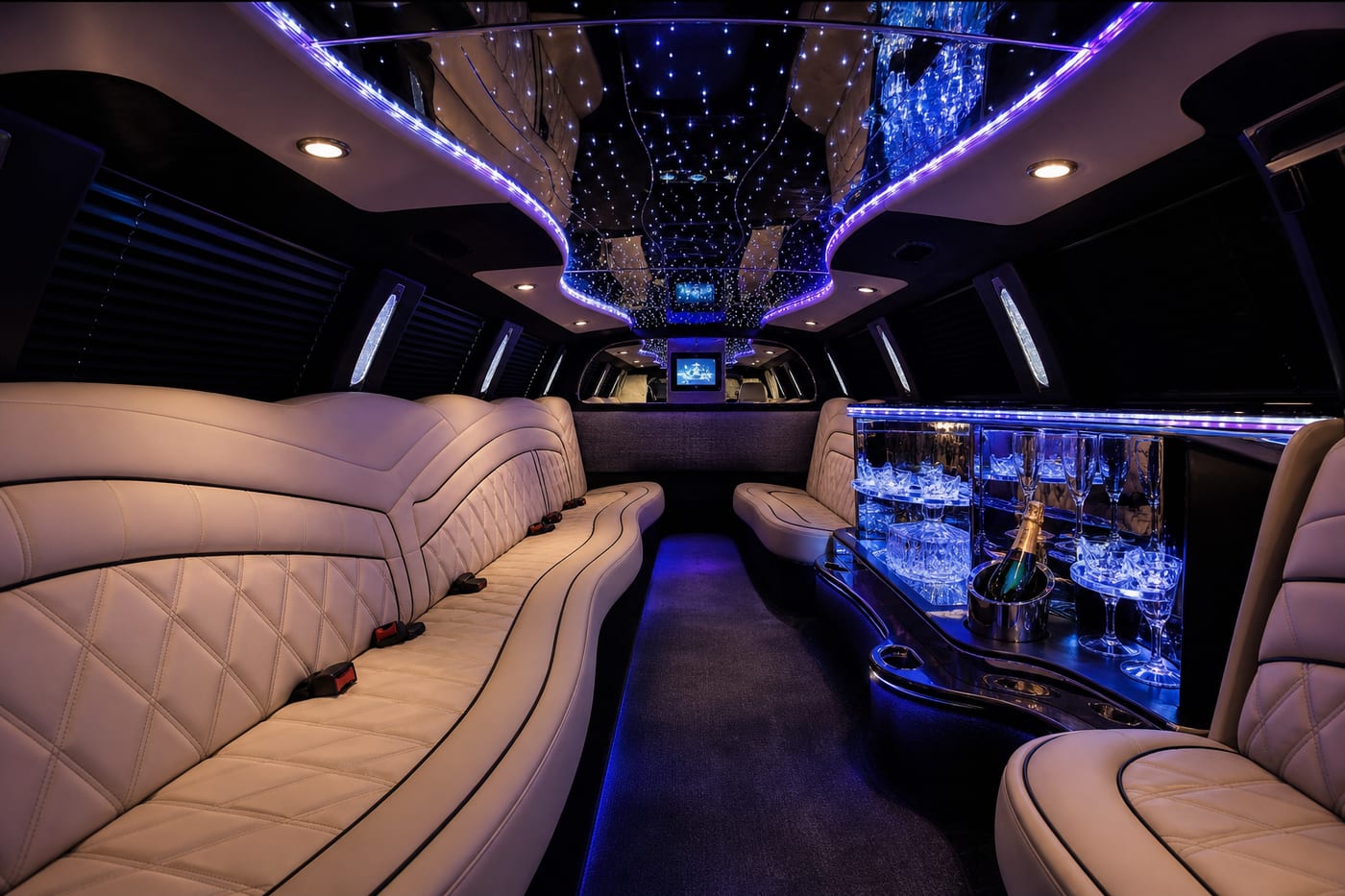 Limousine interior with ceiling lights and a bar